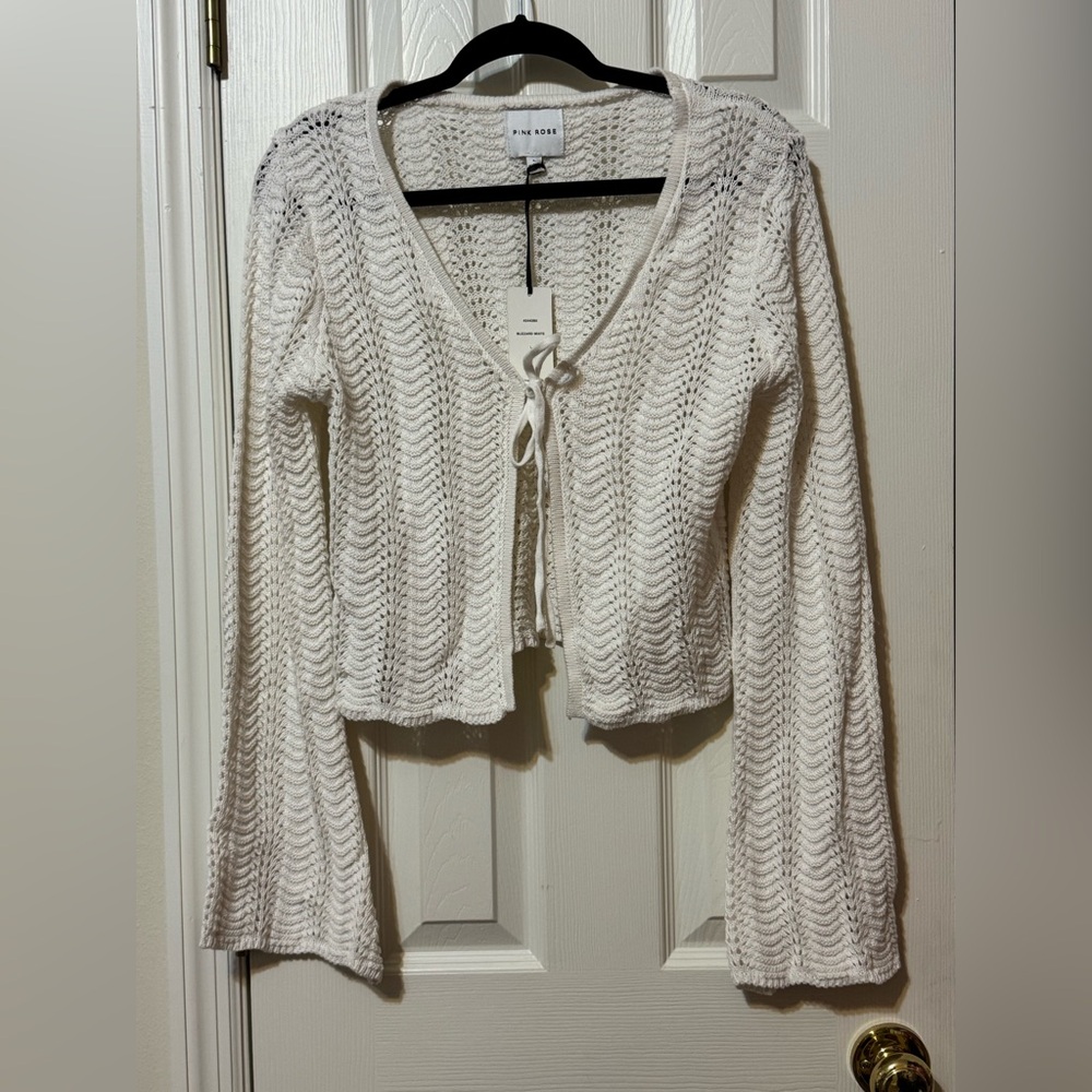 Pink Rose Crochet Cardigan Sweater With Front Tie Closure